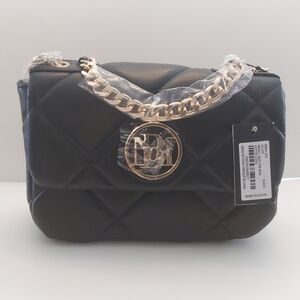 NWT Badgley Mischka Black and Gold Quilted Shoulder Bag with Long Chain